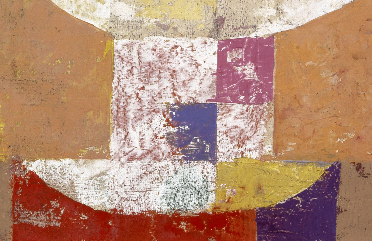 Close view of Klee's Senecio: uneven paint, small coloured blocks and the lower neck against the surrounding ground